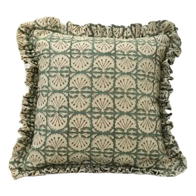 Fabdivine Handmade Block Printed Frill Cushion Cover Green 16×16 Inch Thick Linen- Bejhni