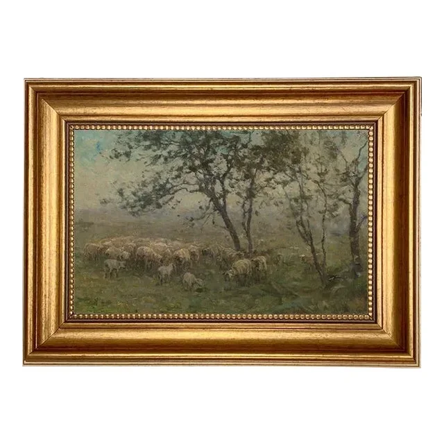 Flock of Sheep Landscape Print on Canvas in Thin Gold Frame- a 7″ X 11″ Print, Framed to 9-1/2″ X 13-1/2″