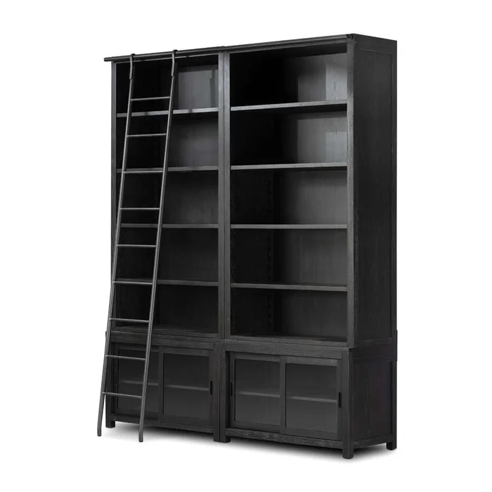 Four Hands – Haiden – Admont Double Bookcase W Ladder-Worn Blk – 240932-001