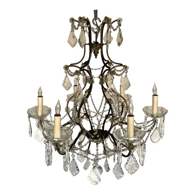 French 1920s Glass and Crystal Chandelier With Six Arms