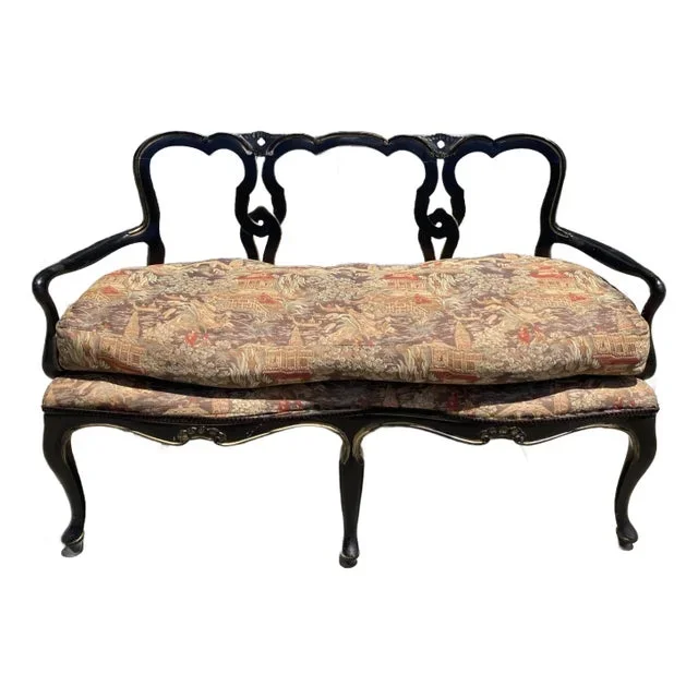 French Bench Painted Noir and Chinoiserie Upholstery