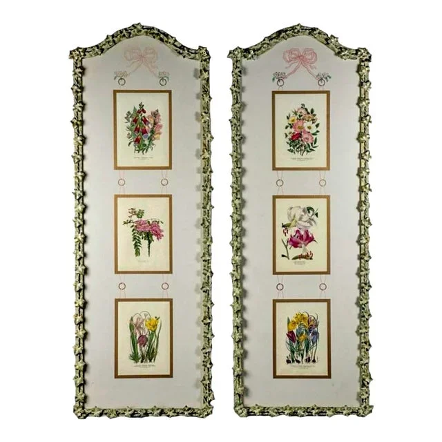 French Style Wrought Iron Framed Hand Painted Floral Botanical Panels -S/2