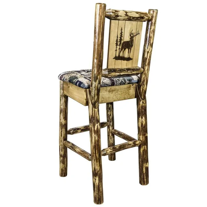 Glacier Country Collection Barstool w/ Back – Woodland Upholstery, w/ Laser Engraved Elk Design