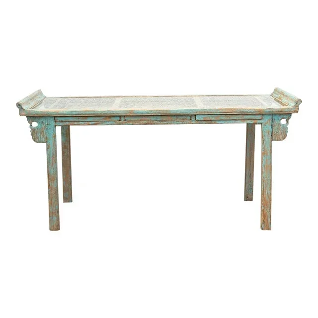 Glass Top Painted Asian Console Writing Table