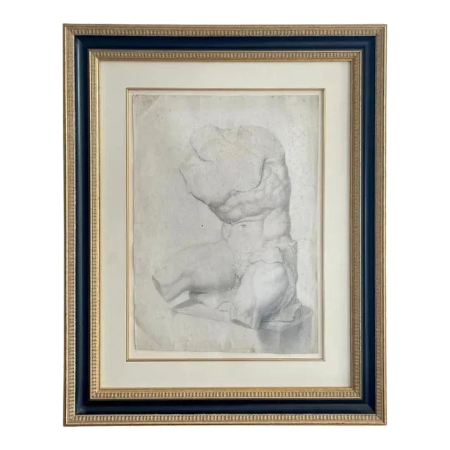Grand Tour’ Old Master Drawing of a Seated Male Nude Antique Statue Torso