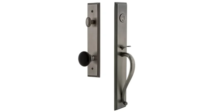 Grandeur Carre Solid Brass Rose Keyed Entry Single Cylinder Full Plate ‘S’ Grip Handleset with Coventry Knob and 2-3/8″ Backset