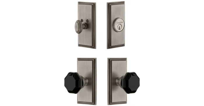 Grandeur Carre Solid Brass Rose Single Cylinder Keyed Entry Deadbolt and Knobset Combo Pack with Lyon Black Crystal Knob and 2-3/8″ Backset