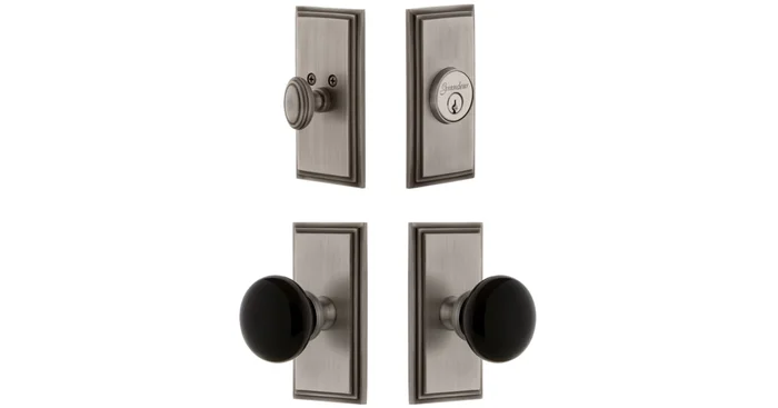 Grandeur Carre Solid Brass Rose Single Cylinder Keyed Entry Deadbolt and Knobset Combo Pack with Coventry Knob and 2-3/8″ Backset