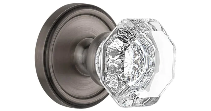Grandeur Chambord Crystal Solid Brass Non-Turning Two-Sided Dummy Door Knob Set with Georgetown Trim from the Concealed Screw Collection