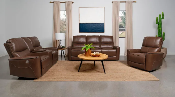 Greenfield Saddle Brown Upholstered Power Reclining Living Room Set