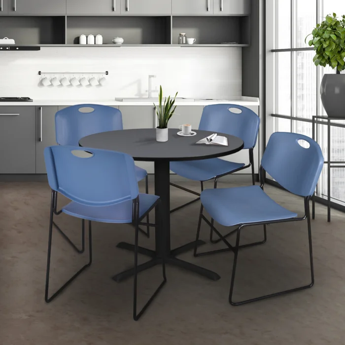Grey Round Breakroom Table 42 w/ Blue Stack Chairs Set – Regency Seating