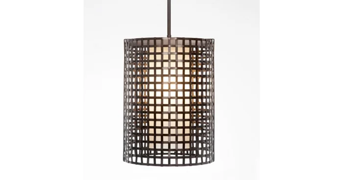 Hammerton Studio Tweed 12″ Wide Cage Full Sized Single Pendant – Medium (E26) with Frosted Glass Inner and Finished to Match Metal Outer Shade
