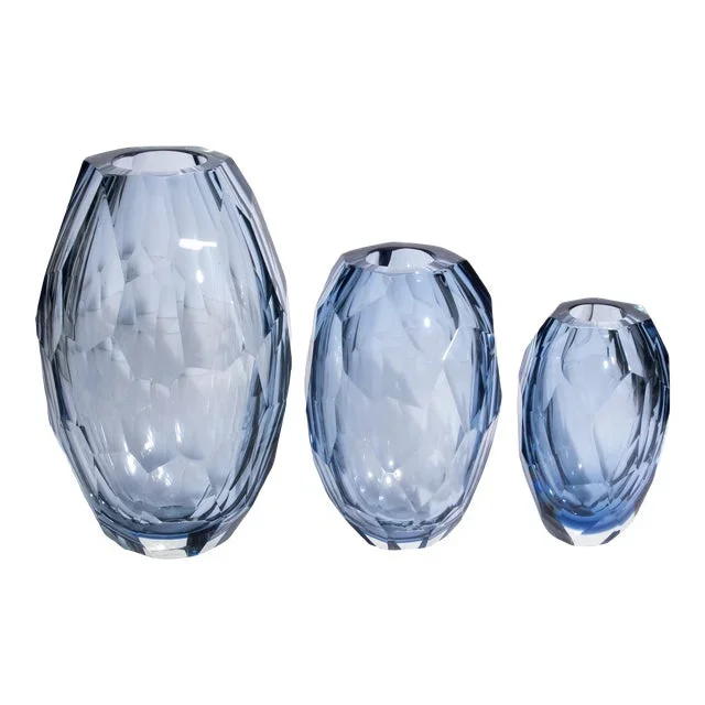 Hand Blown Murano Faceted Barrel Vase in Aquamarine Set of 3