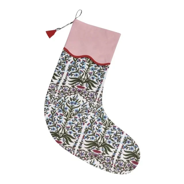 Handmade Blue Botanical Christmas Stocking with Red Piping