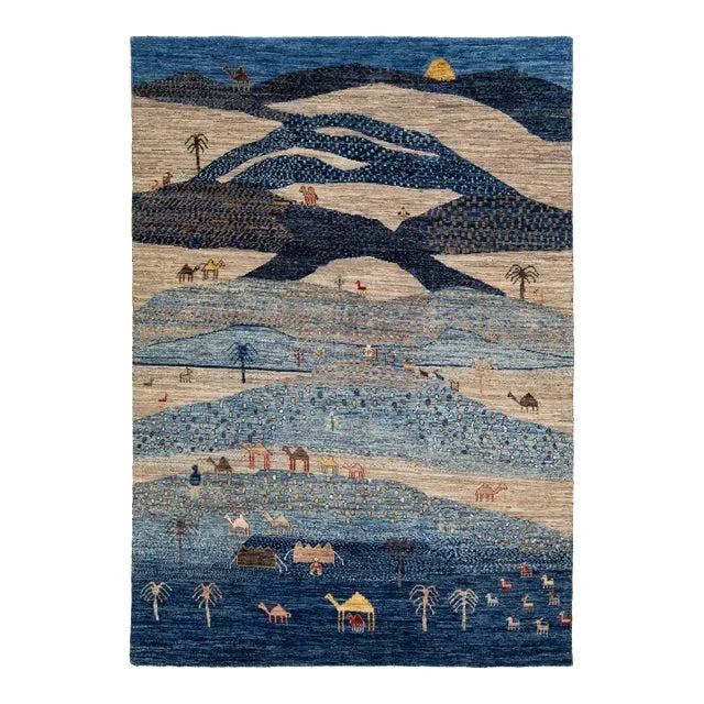Handmade Modern Gabbeh Style Wool Rug in Blue With Pictorial Motif