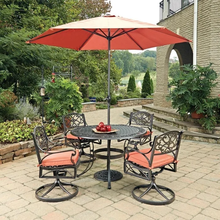 Homestyles Furniture – Sanibel Brown 6 Piece Outdoor Dining Set with Umbrella and Cushions – 6655-3256C