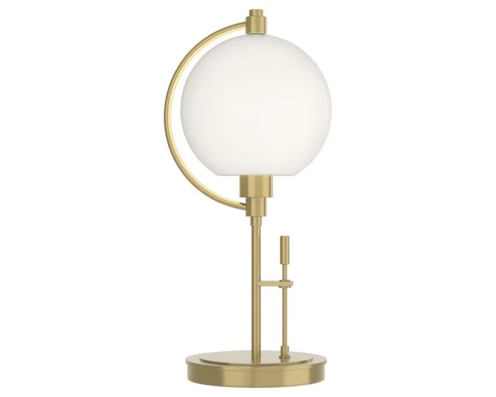 Hubbardton Forge Pluto Table Lamp in Modern Brass, Opal Glass (GG)