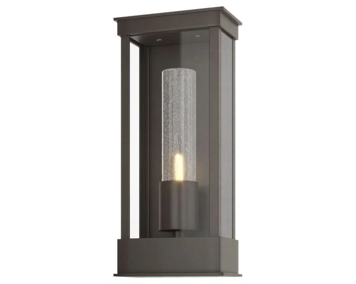 Hubbardton Forge Portico Small Outdoor Sconce in Coastal Dark Smoke, Seeded Clear Glass (II)