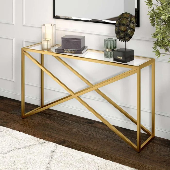 Hudson & Canal – Calix 55in Wide Rectangular Console Table in Brass – AT0980