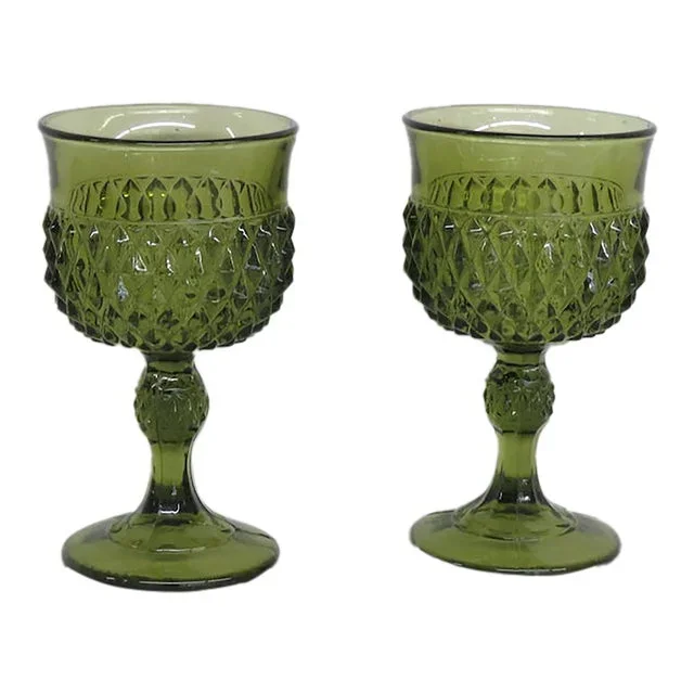 Indiana Glass Diamond Point Avocado Green Water Goblets