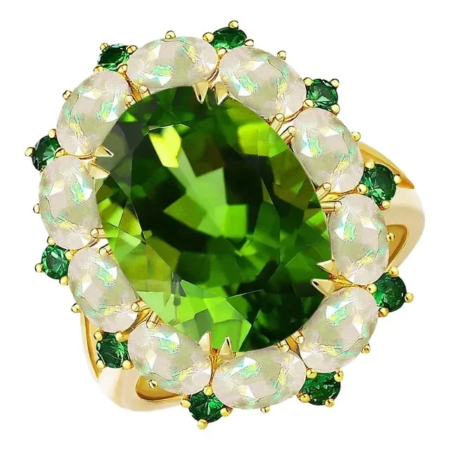 Kai Natural Peridot Opal Tsavorite Cocktail Ring in 14k Yellow Gold, size 10