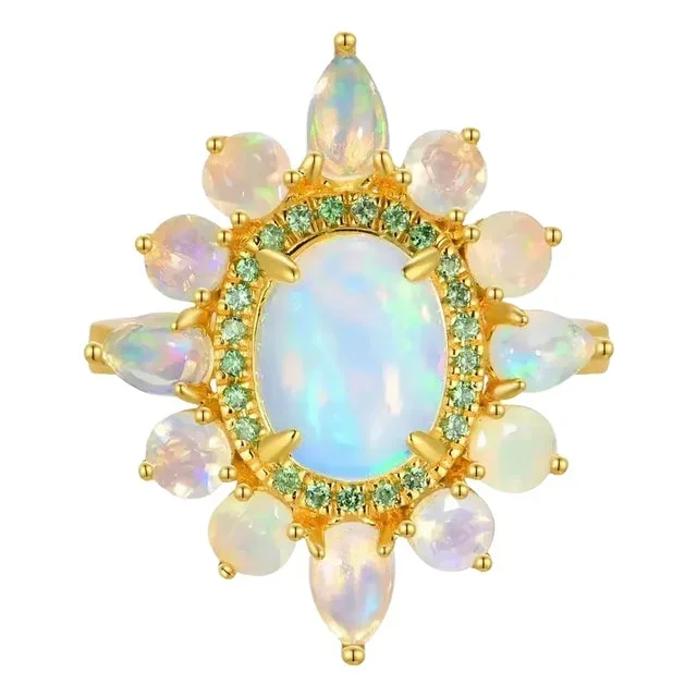 Kai Opal Tsavorite Cocktail Ring in 14k Solid Gold, size 7
