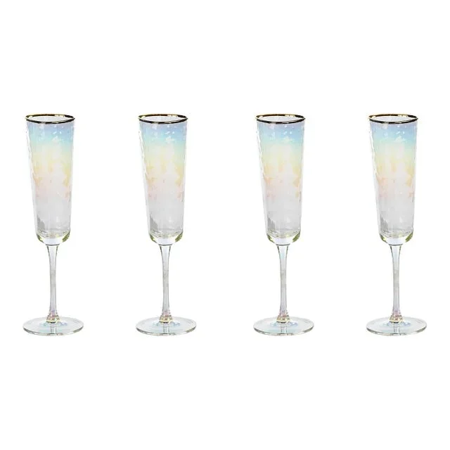 Kampari Triangular Champagne Flutes with Gold Rim, Luster, Set of 4