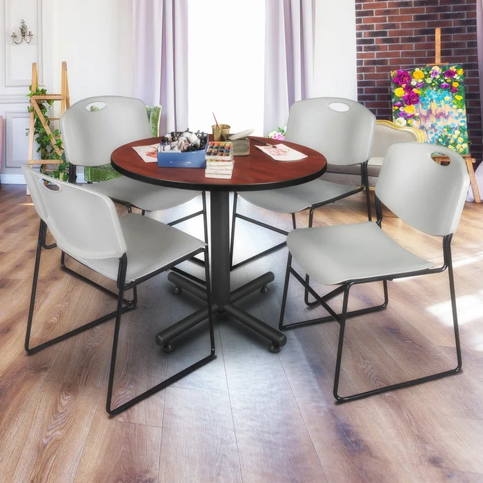 Kobe 36″ Round Breakroom Table- Cherry & 4 Zeng Stack Chairs- Grey