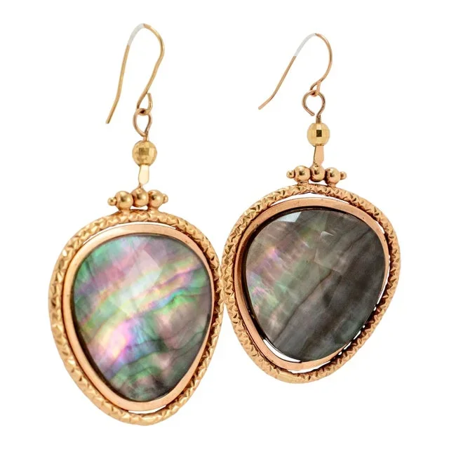 Ladies 14k Yellow Gold Labradorite Textured Drop Dangle Earrings, A Pair