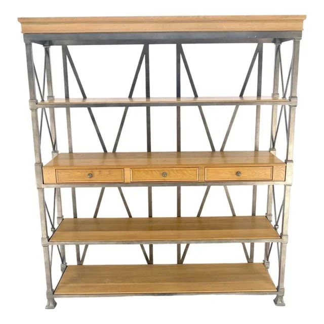 Large Drexel Oak Shelves 5′ Wide Iron Etagere Bakers Rack 3 Drawer Console