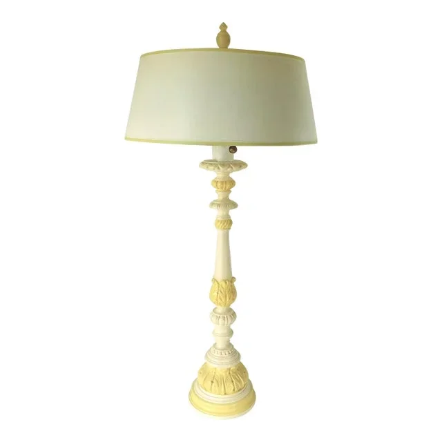 Large Vintage Mid-Century Yellow & Ivory Candlestick Table Lamp