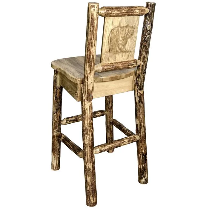 Laser Engraved Pine Wood Counter Height Barstool with Back