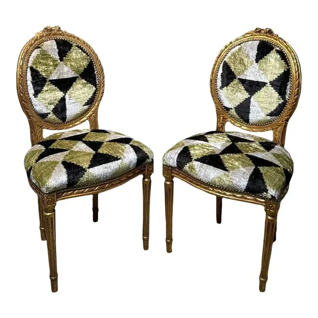 Late 19th Century Pair of Louis XVI-Style Wooden Chairs Gold Leaf Finish and Ikat Silk Velvet