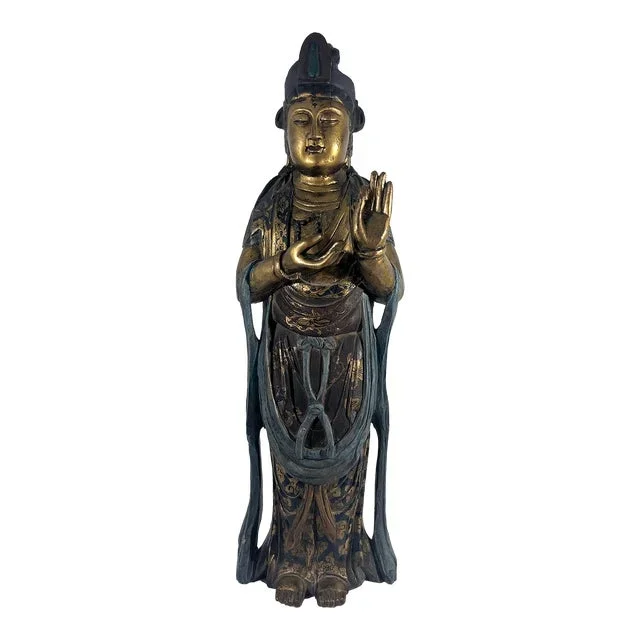 Late Qing Dynasty Lacquer & Polychrome Hand Carved Wood Figure of Guan Yin, Chinese Goddess of Compassion & Mercy Circa 1890