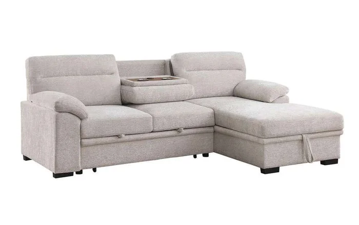 Lilola Home – Kipling II 94inW Beige Chenille Fabric Sleeper Sectional Sofa with Right-Facing Chaise, Cupholders, USB Charging port – 81458