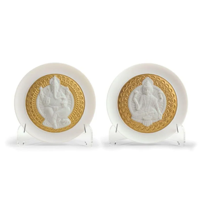 Lladro Goddes Lakshmi and Lord Ganesha Decorative Plates Set Golden Lustre