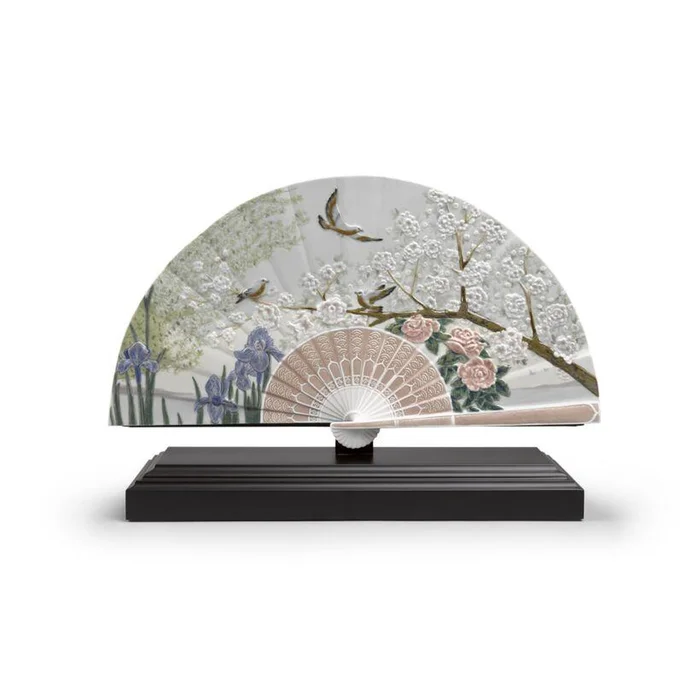 Lladro Iris and Cherry Flowers Fan Decorative Fan Limited Edition