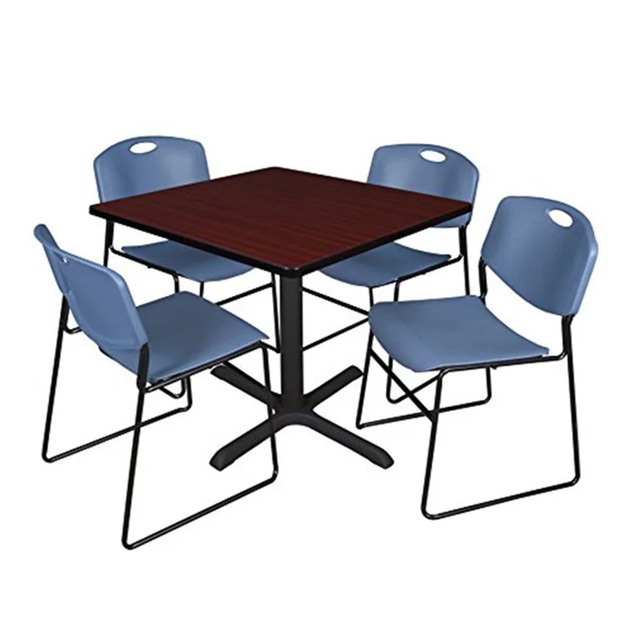 Mahogany Square Breakroom Table – 42 | 4 Stack Blue Chairs – Regency Seating