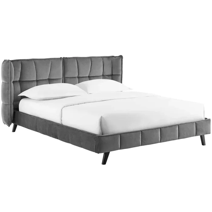 Makenna Queen Performance Velvet Platform Bed in Gray