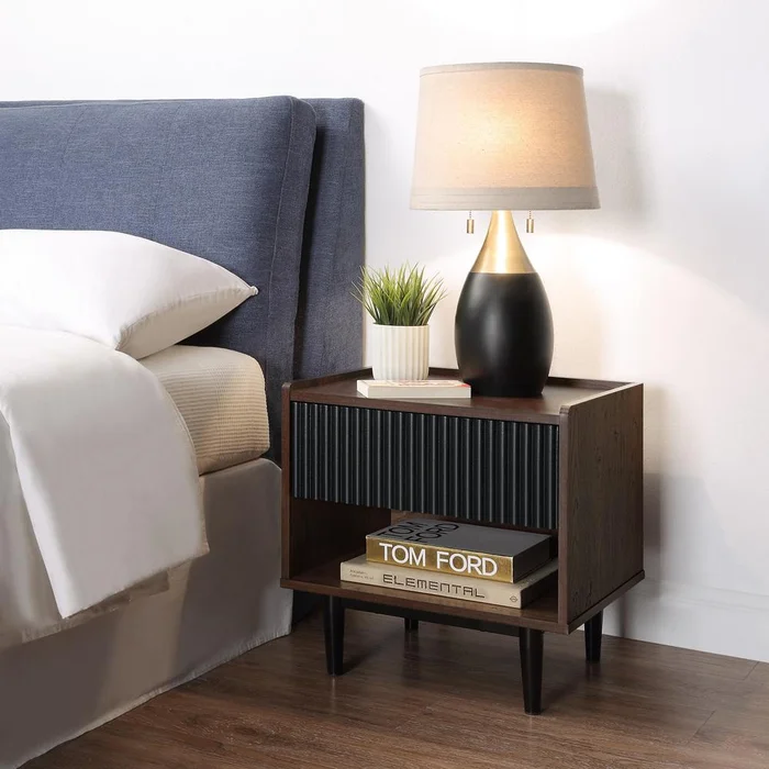 Manhattan Comfort – 4-Piece Duane Living Room with 3 Coffee Table – Full Extension, Nightstand – Full Extension, , TV Stand – Full Extension Drawers in Dark Brown and Black – 4-8911GLF-BK
