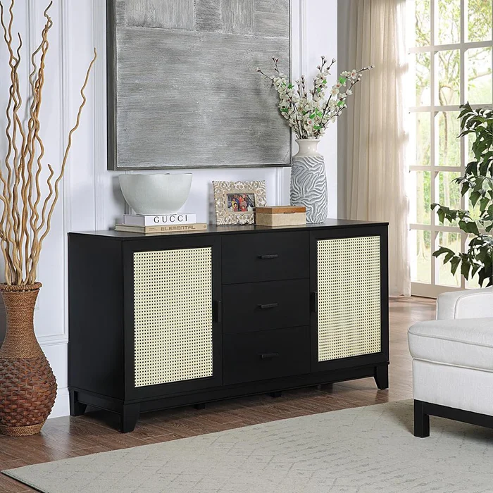 Manhattan Comfort – 4-Piece Sheridan Living Room with 4 , Nightstand – Full Extension, Sideboard Cabinet – Full Extension Drawers in Black – 4-3456GLF-BK