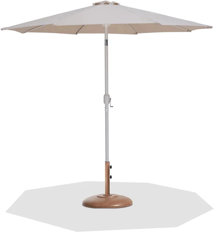Meridian Furniture – Fiji Beige Fabric / Teak Aluminum Patio Umbrella with Base Sets – 55015Beige-BT