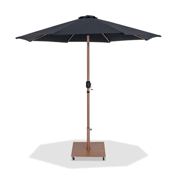 Meridian Furniture – Fiji Black Fabric / Teak Aluminum Patio Umbrella with Base Sets – 55014Black-AT