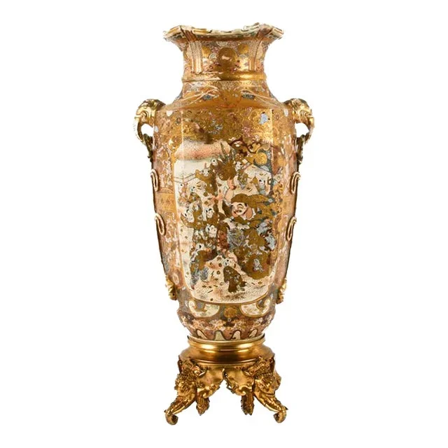 Mid 20th Century Japanese Enameled Satsuma Palatial Place Floor Vase