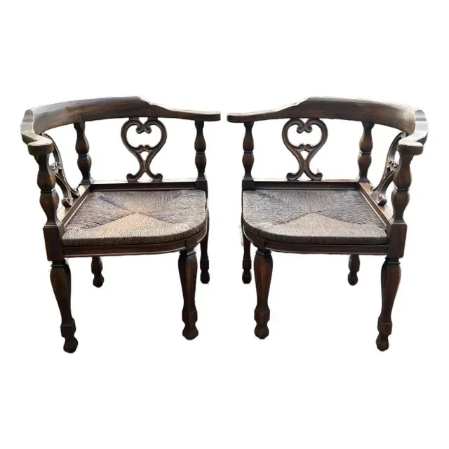 Mid 20th Century Pair of Rustic Colonial Style Carved Oak Corner Chairs
