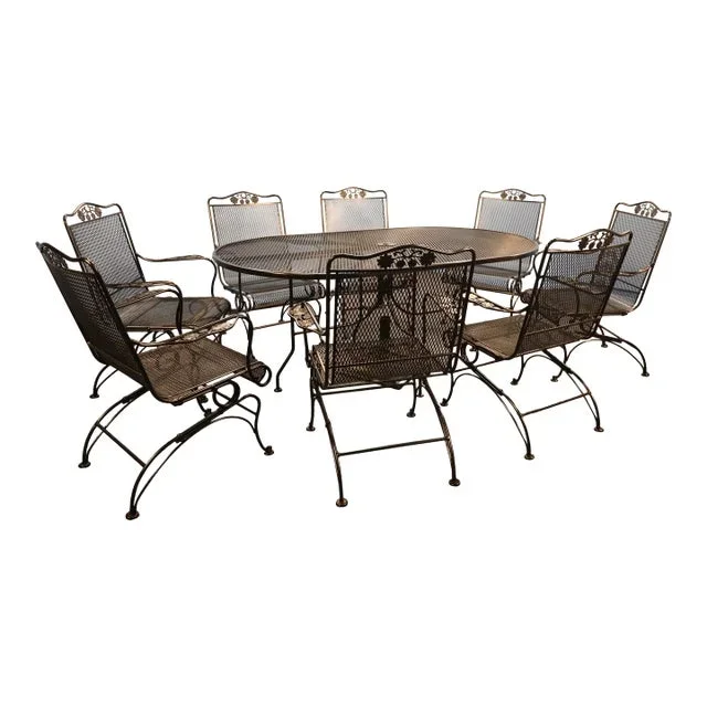Mid 20th Century Russell Woodard Wrought Iron Table & 8 Chairs, Attributed