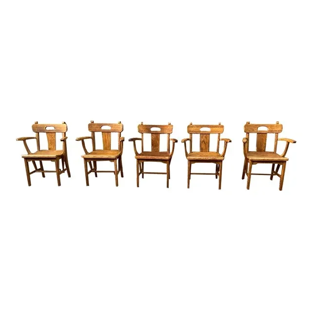 Mid 20th Century Set of Five Vintage Rustic Style Rustic Solid Oak Dining Armchairs