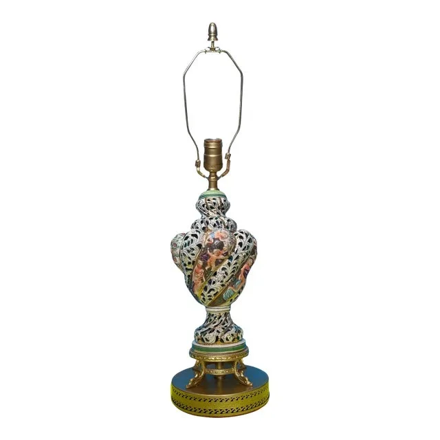 Mid-Century Capodimonte Pierced Porcelain Cherub Table Lamp
