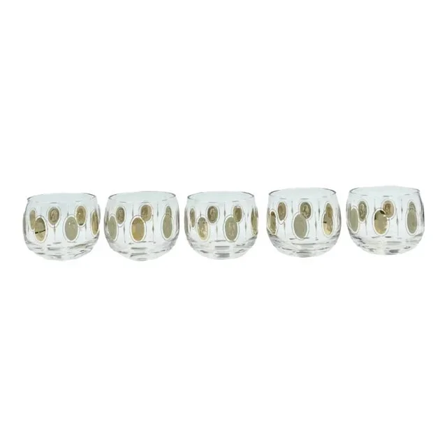 Mid-Century Gold Royal Lady Portrait Roly Poly Cocktail Glasses- Set of 5