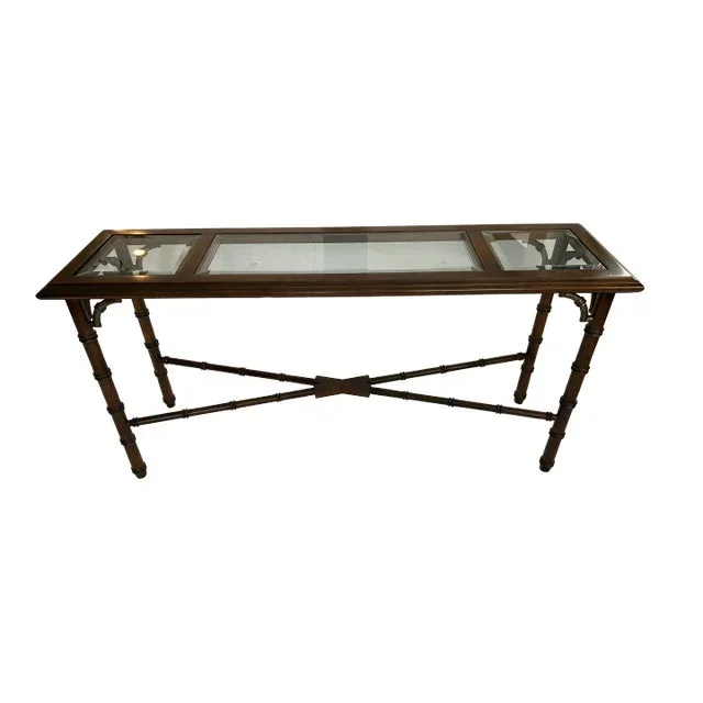 Mid Century Lane Mahogany Faux Bamboo Glass Top Console Table